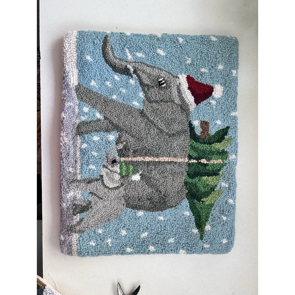 Grandin Road Hooked Wool Throw Pillow Cover Lot Christmas Elephant & Zebra 14x18